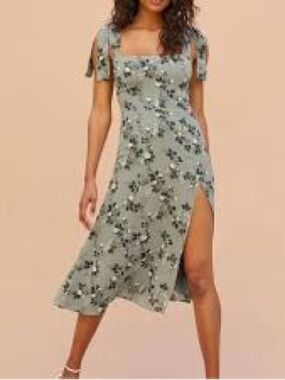 Reformation Sage Green Floral Midi Dress with Tie Shoulders